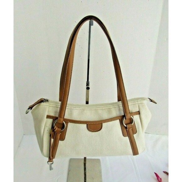 Fossil Key Shoulder Bag Tan Canvas Purse Brown Leather Trim Key Charm - Picture 1 of 6
